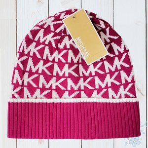 NWT MICHAEL KORS AUTHENTIC ALLOVER LOGO WOMEN'S PINK WINTER BEANIE HAT